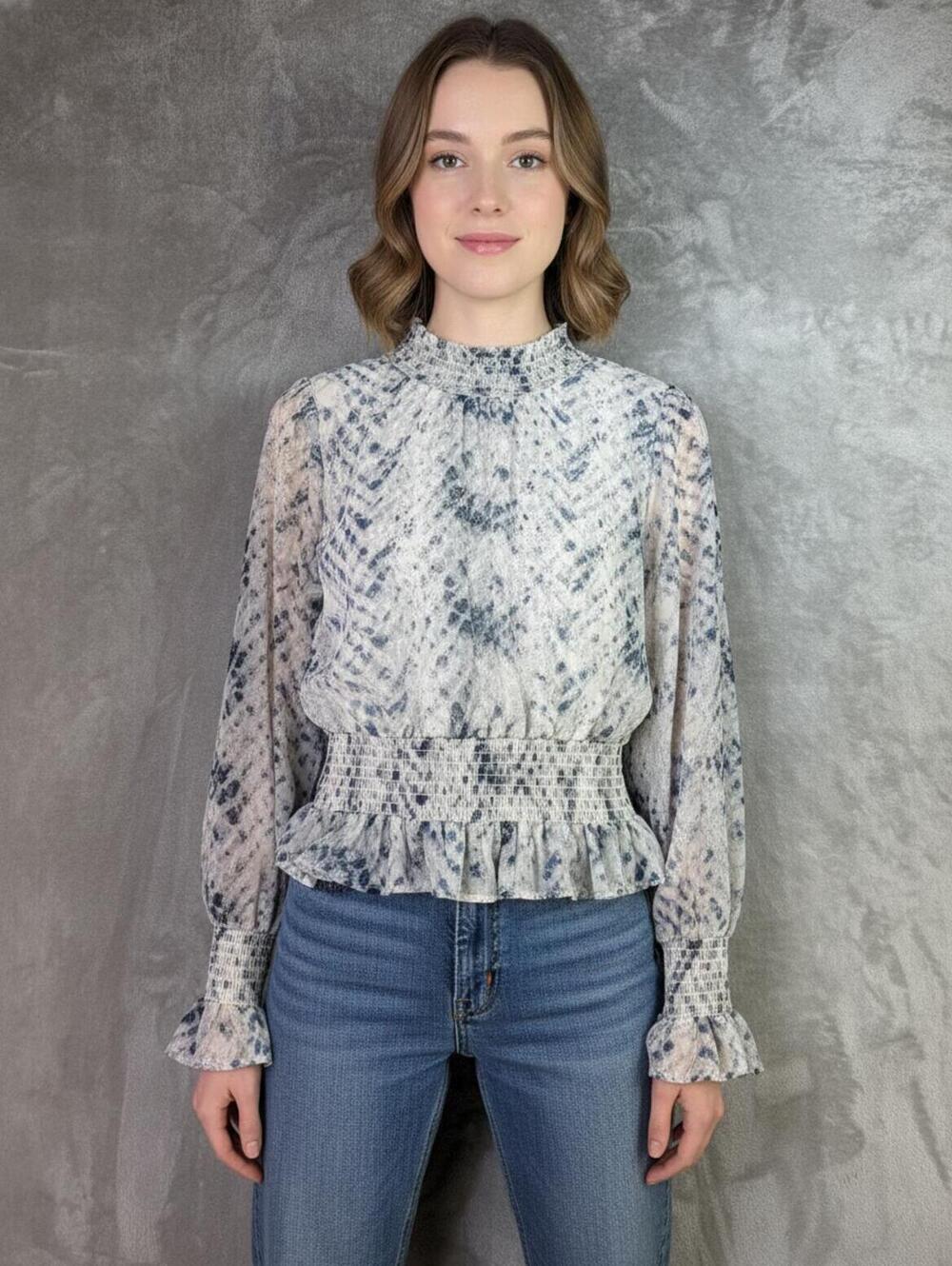Japna Long Sleeve Ruffle Blouse in Blue and White Print, Size‎ Large